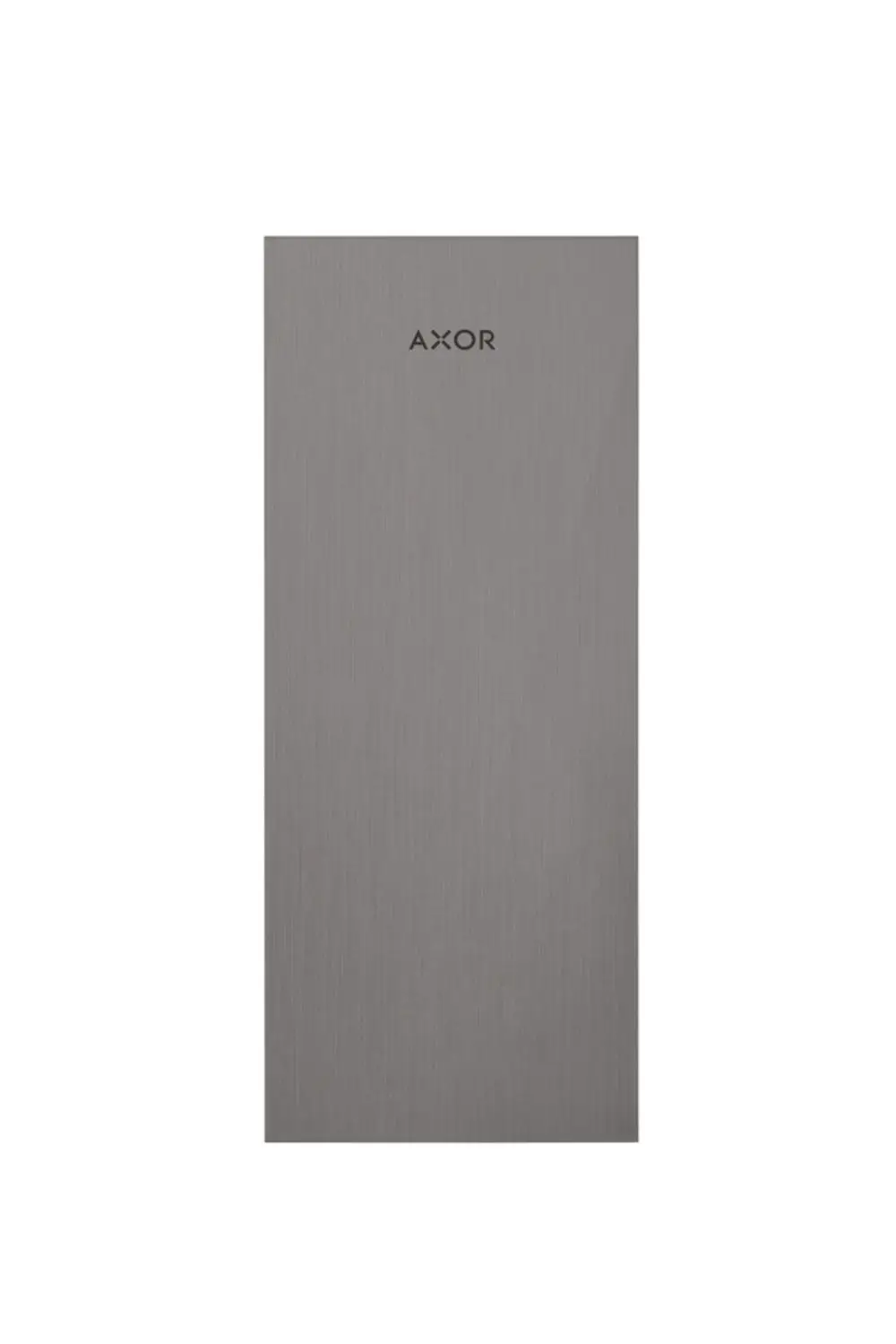 Metallplatte in gebürstetem Schwarzchrom mit AXOR-Logo, rechteckige Form und matte Oberfläche. Ideal für diverse Anwendungen in modernen Räumen.